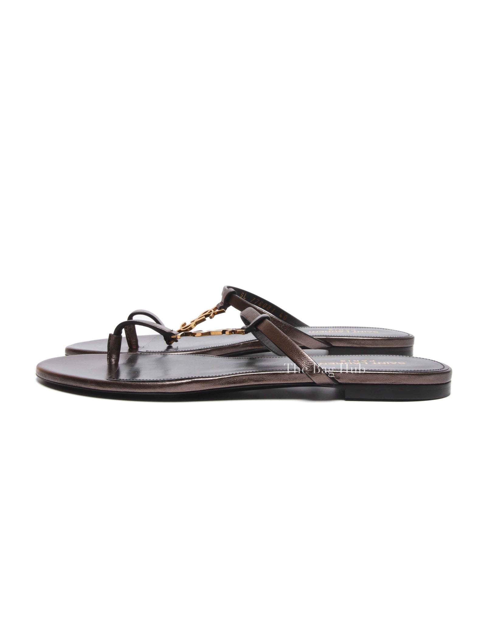 Saint Laurent Cedar Brown Leather Cassandra Flip Flops Size 40