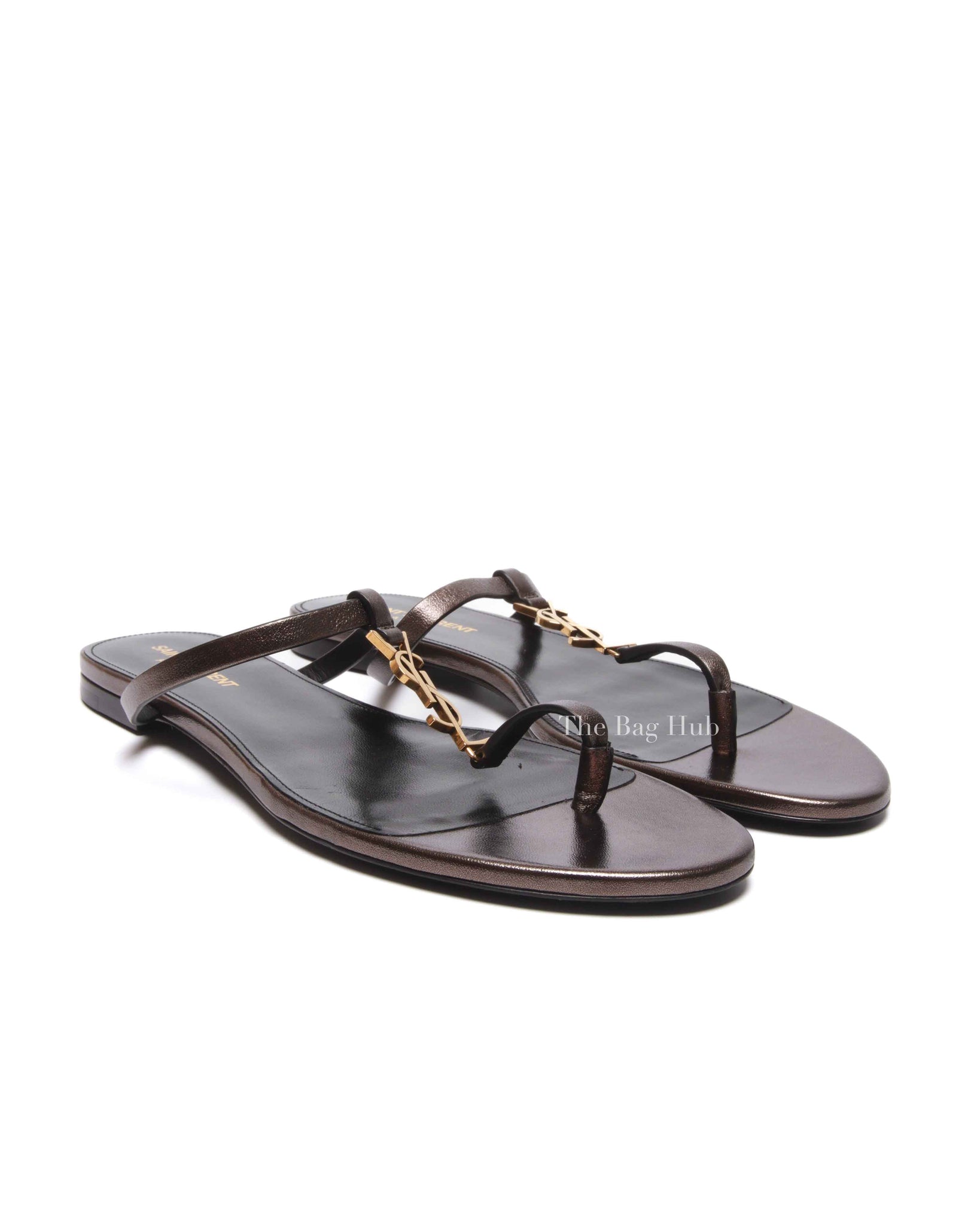 Saint Laurent Cedar Brown Leather Cassandra Flip Flops Size 40