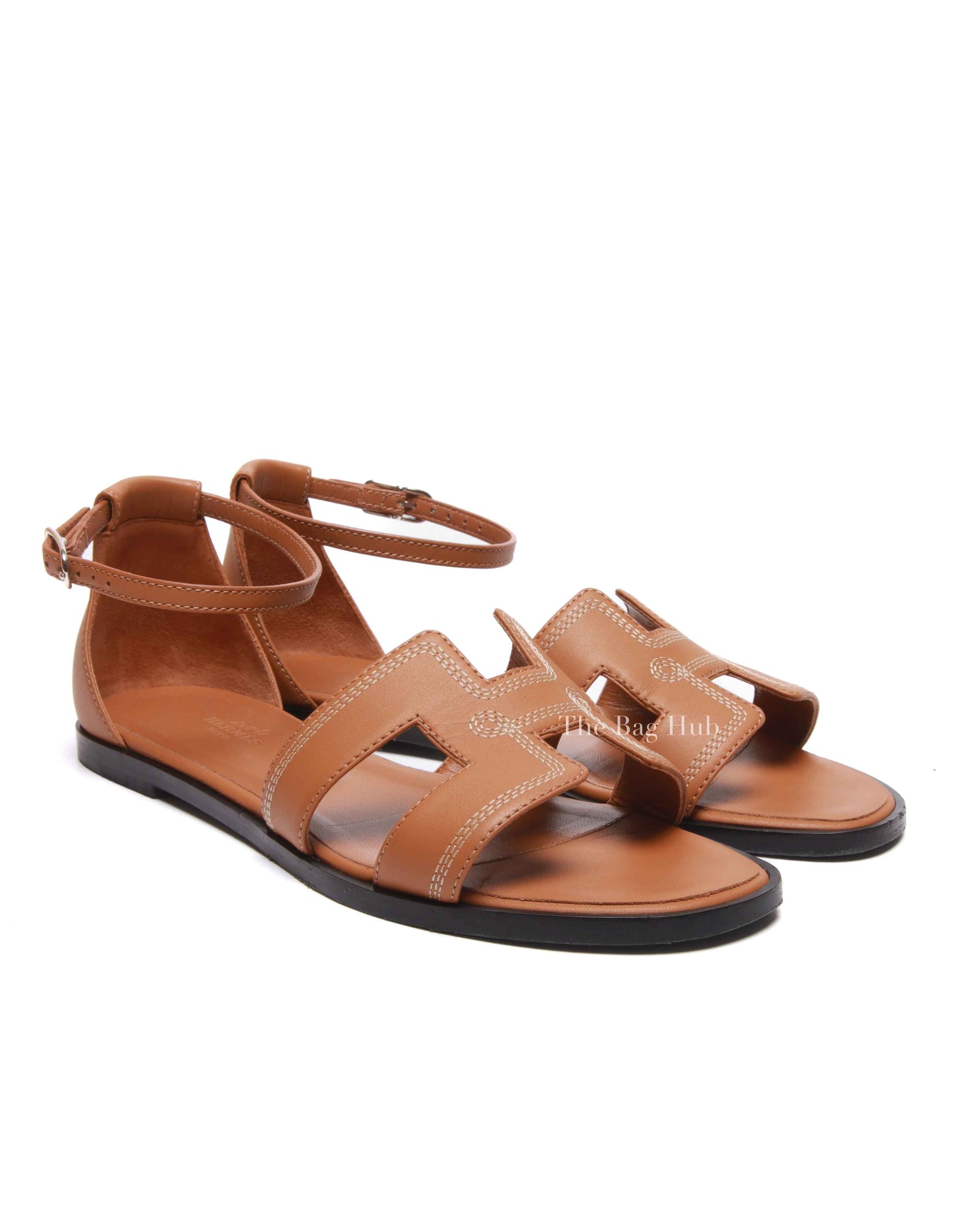 Hermes Naturel w/ Embroidered Calfskin Santorini Sandals Size 37.5