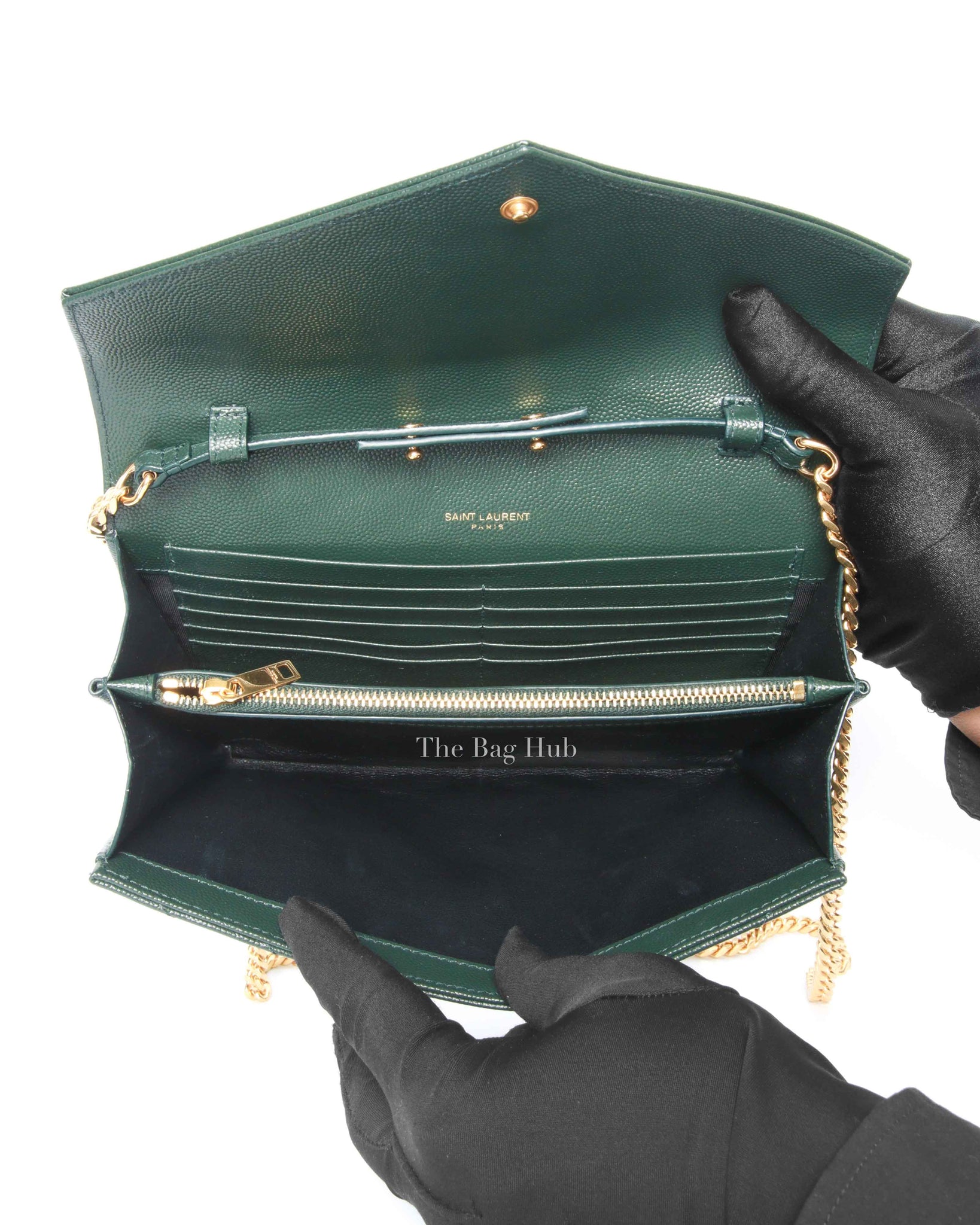 Saint Laurent Dark Emerald Grain De Poudre Classic Cassandre Chain Wallet