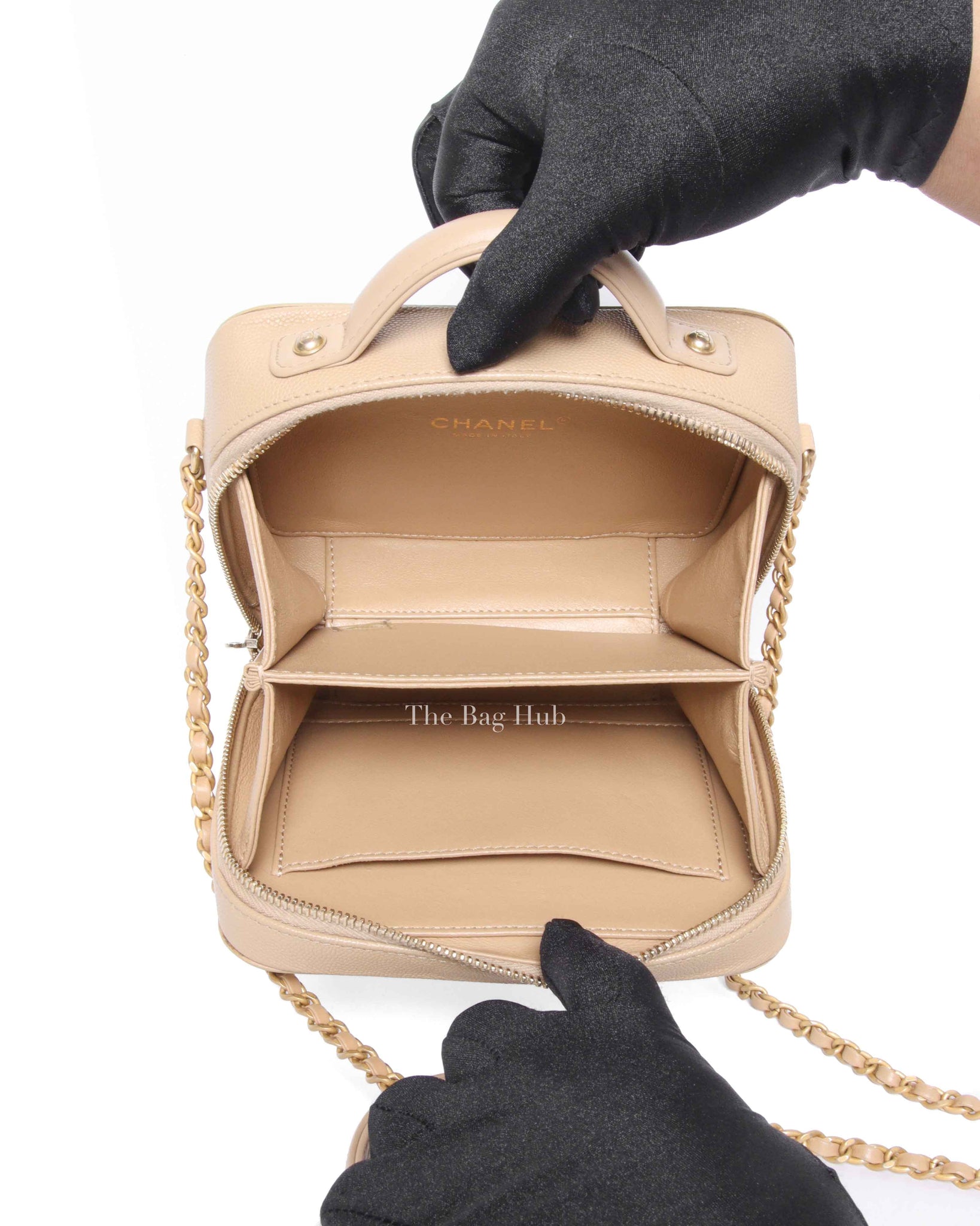 Chanel Beige Caviar Quilted Small CC Filigree Vanity Case GHW