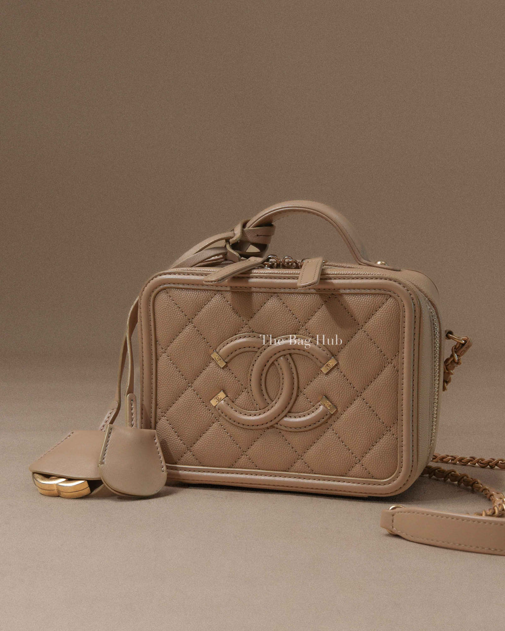 Chanel Beige Caviar Quilted Small CC Filigree Vanity Case GHW