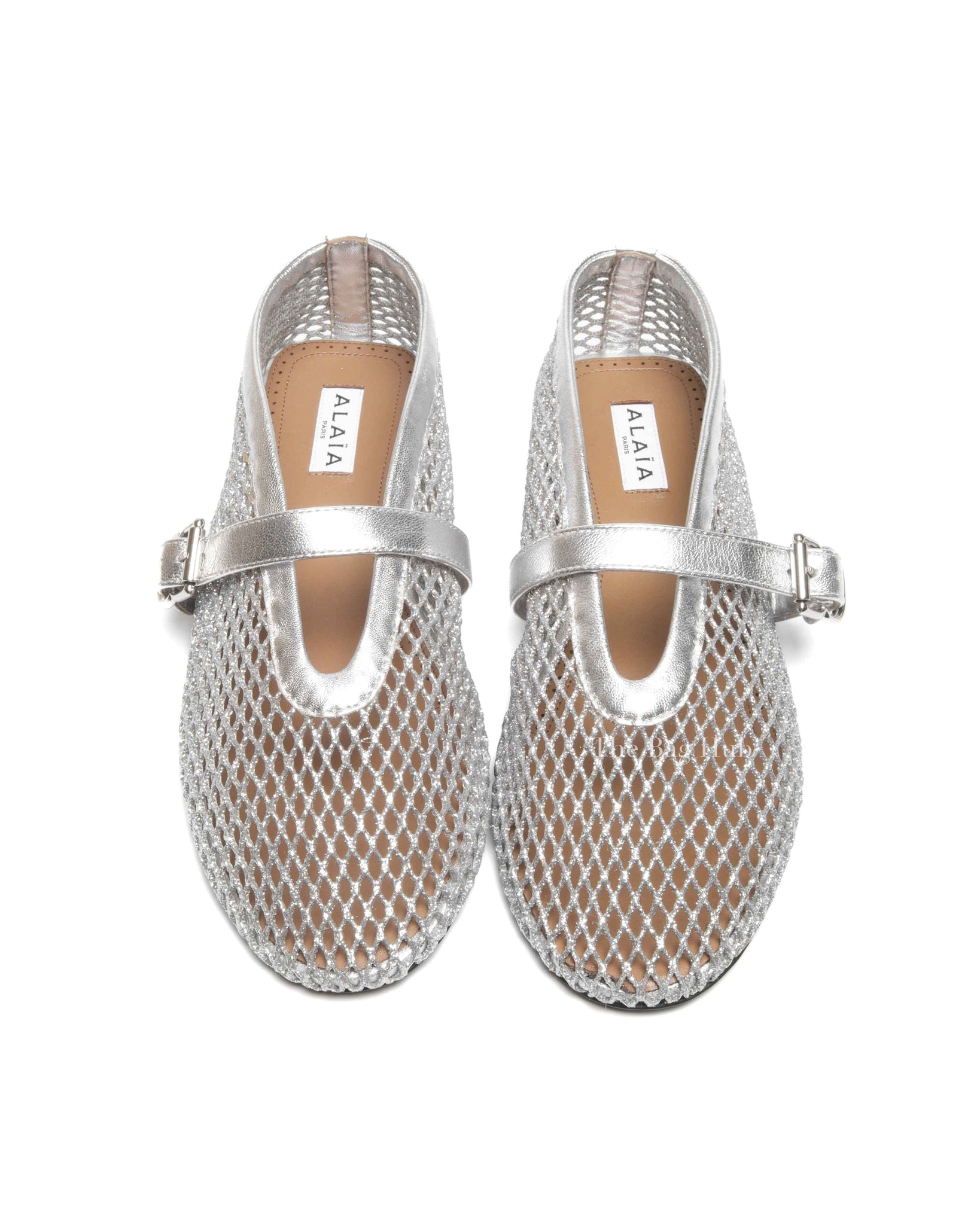 Alaia Silver Laminated Fishnet Ballet Flats Size 37.5