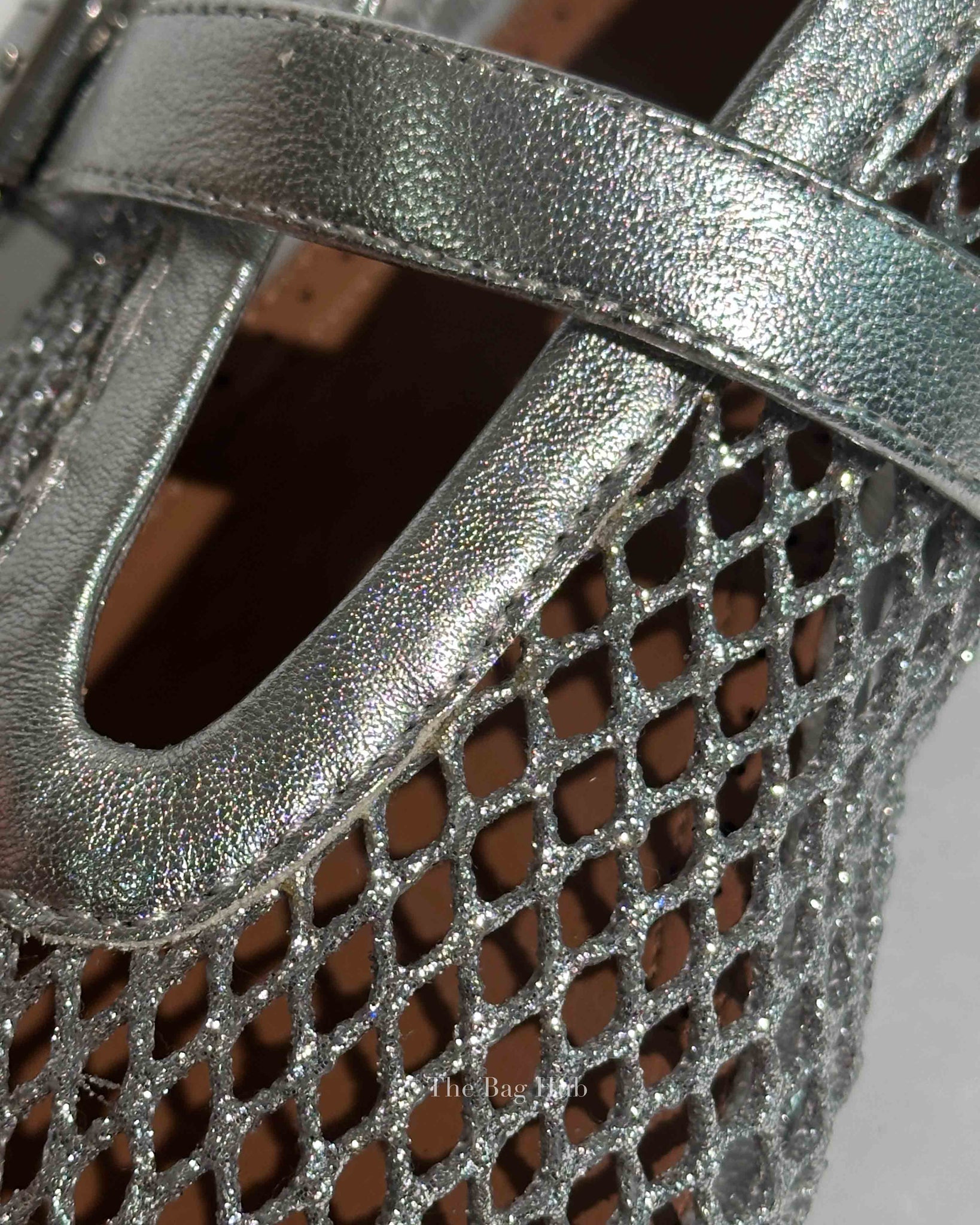 Alaia Silver Laminated Fishnet Ballet Flats Size 37.5