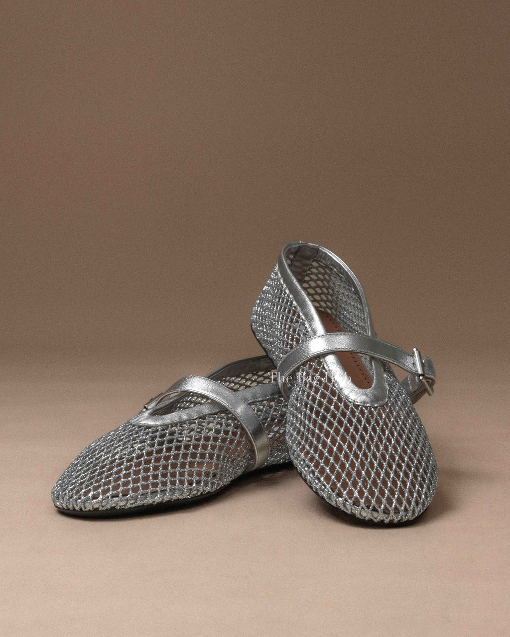 Alaia Silver Laminated Fishnet Ballet Flats Size 37.5