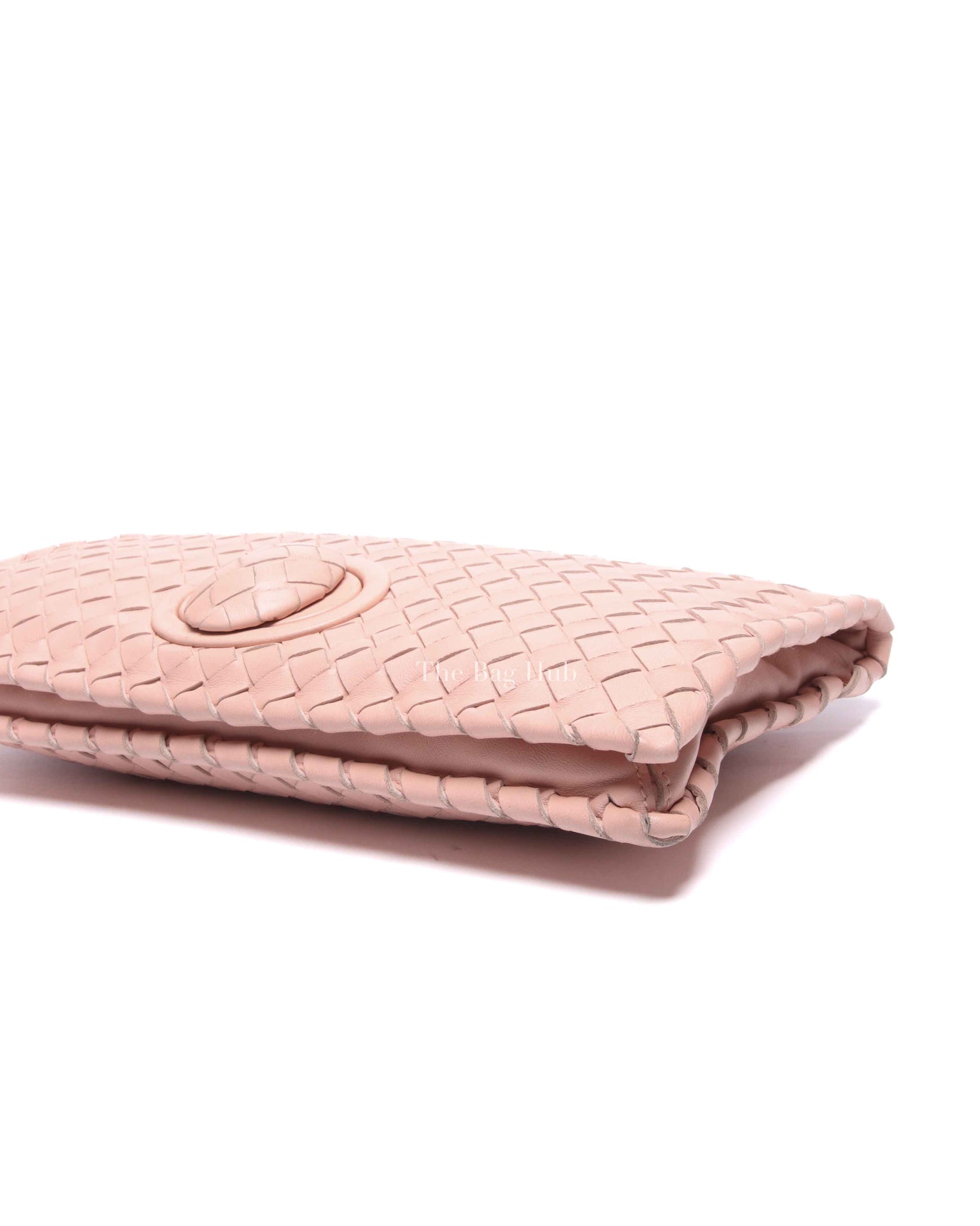 Bottega Veneta Pink Intrecciato Leather Turnlock Fold Over Clutch