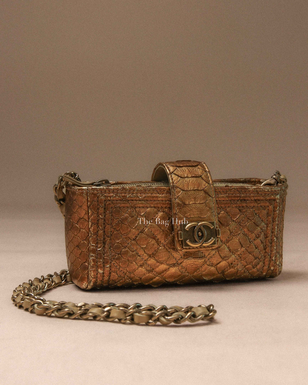 Chanel Gold Python Leather Phone Holder Chain Clutch GHW