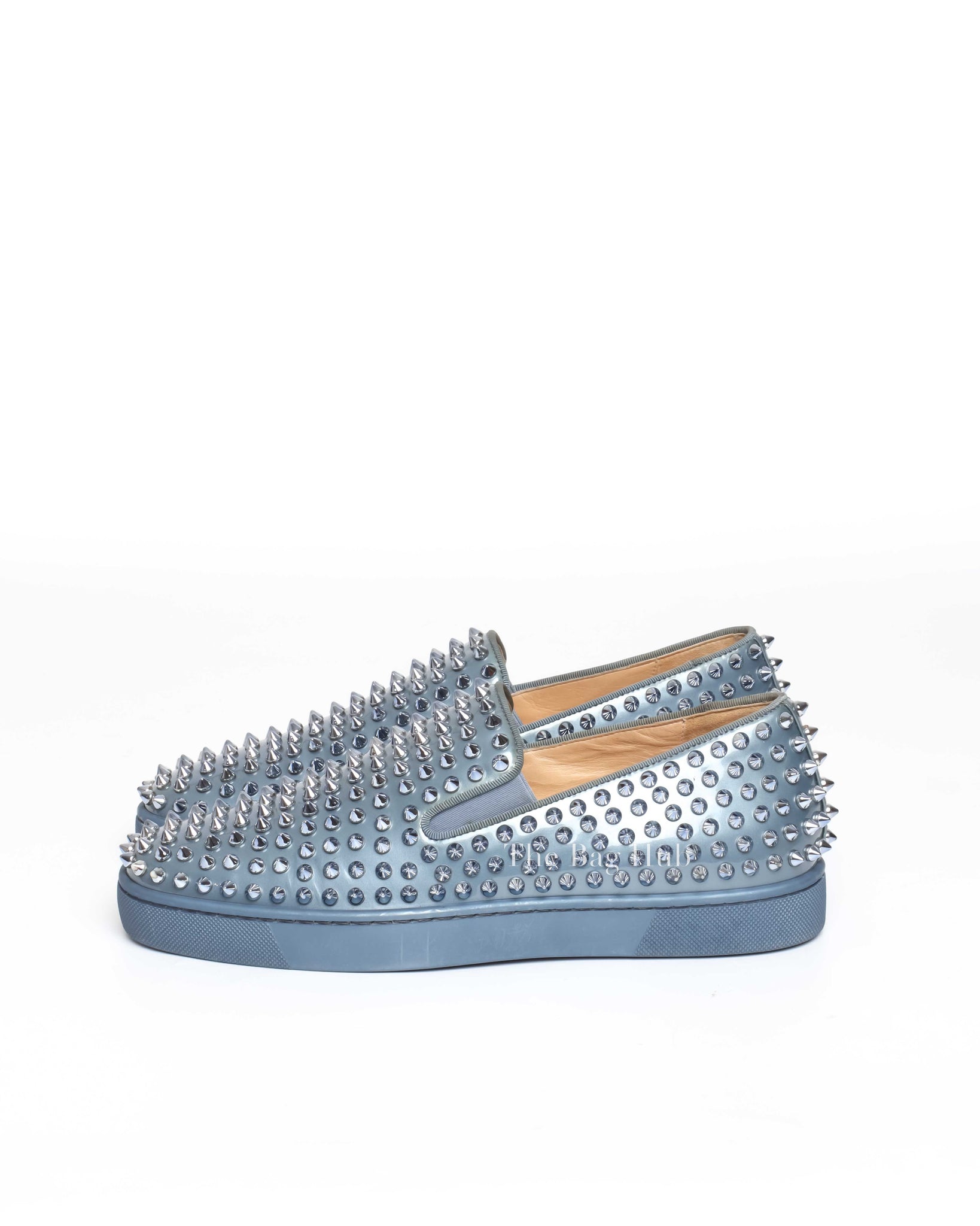 Christian Louboutin Bluish Silver Patent Roller Boat Spike Slip-On Sneakers Size 40-5