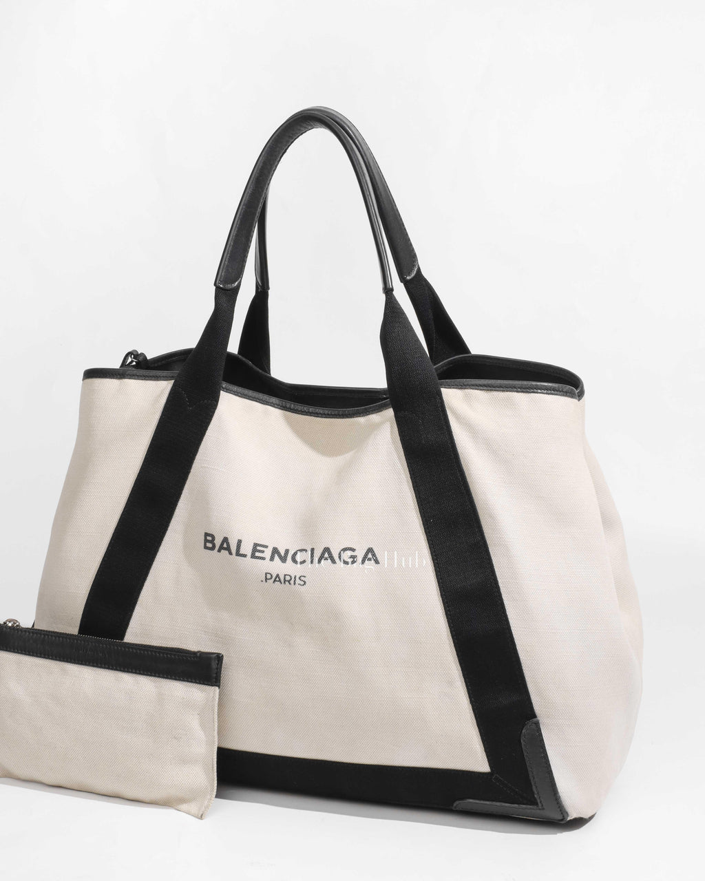 Balenciaga Beige/Black Canvas/Calfskin Navy Medium Cabas Tote Bag