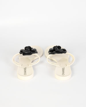 Chanel Cream/Black Jelly CC Camellia Thongs  Sandals Size 37 - 4