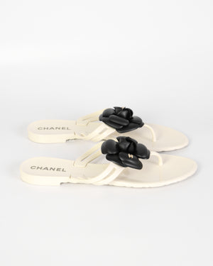 Chanel Cream/Black Jelly CC Camellia Thongs  Sandals Size 37 - 5