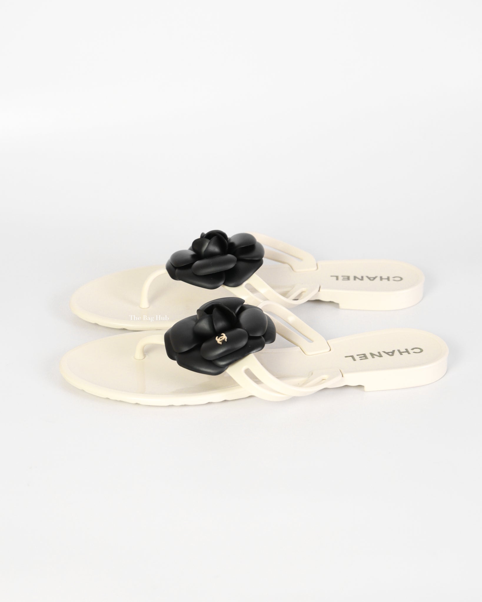 Chanel Cream/Black Jelly CC Camellia Thongs  Sandals Size 37 - 6