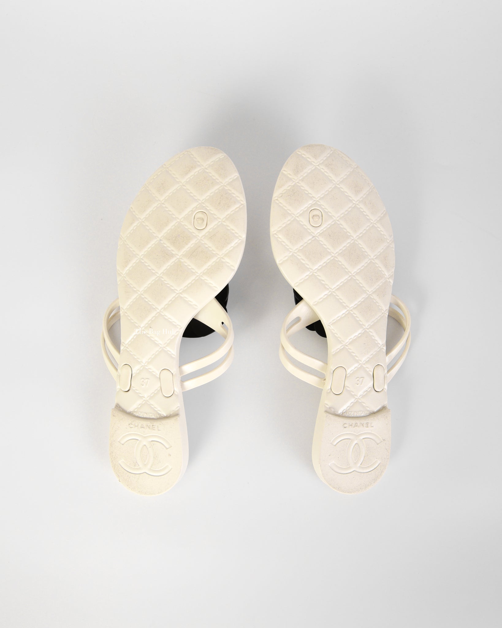 Chanel Cream/Black Jelly CC Camellia Thongs  Sandals Size 37 - 7