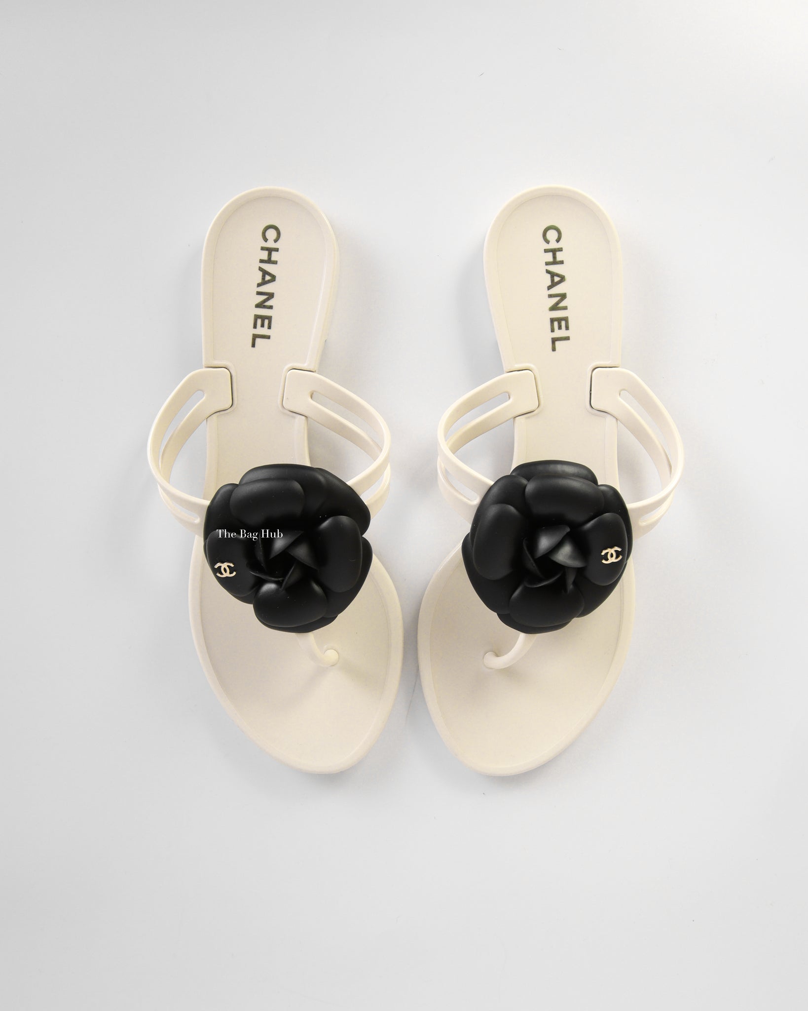 Chanel Cream/Black Jelly CC Camellia Thongs Sandals Size 37