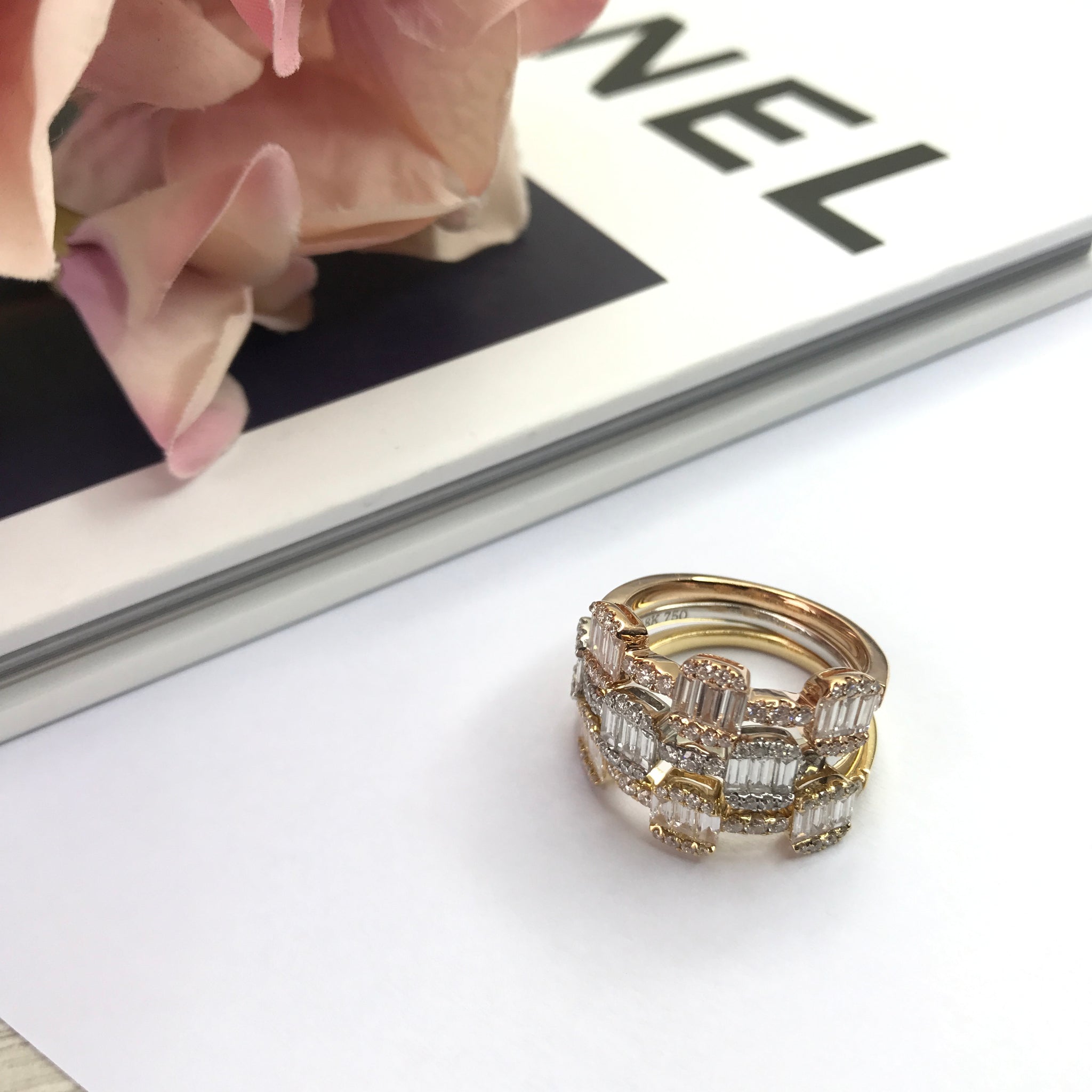 Tricolor Gold and Diamond Stackable Rings 18K HK Setting-1