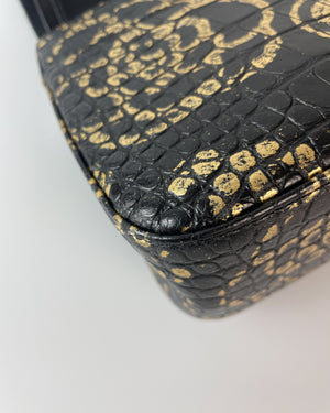 Chanel Black/Gold Graffiti Crocodile Embossed Reissue 2.55 226 Flap Bag-19