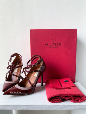 Valentino Garavani Burgundy/Poudre Love Latch Eyelet-Embellished Ankle Strap Size 36-9