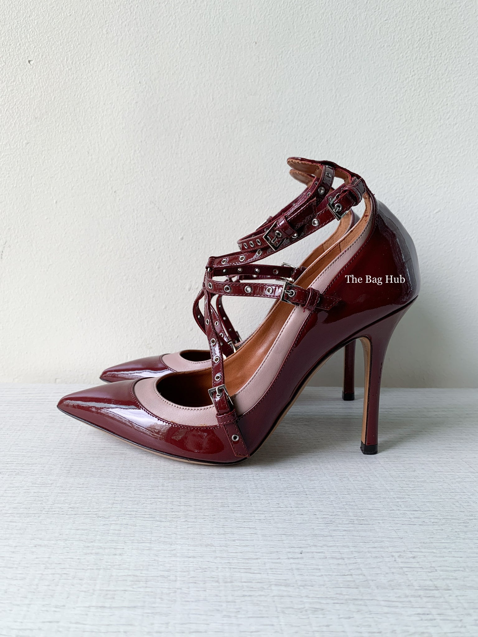 Valentino Garavani Burgundy/Poudre Love Latch Eyelet-Embellished Ankle Strap Size 36-5