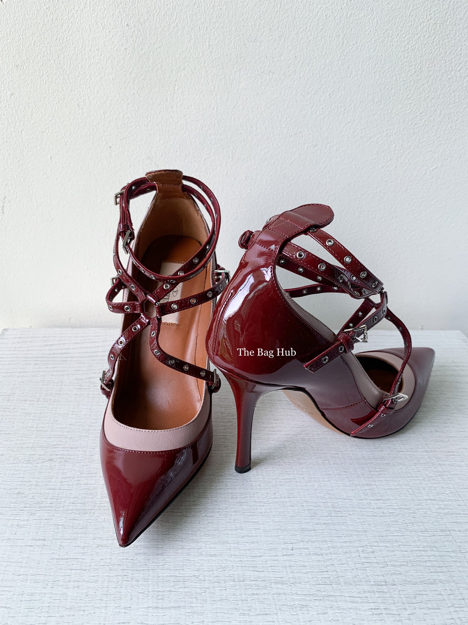 Valentino Garavani Burgundy/Poudre Love Latch Eyelet-Embellished Ankle Strap Size 36-2