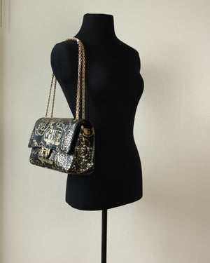 Chanel Black/Gold Graffiti Crocodile Embossed Reissue 2.55 226 Flap Bag-12
