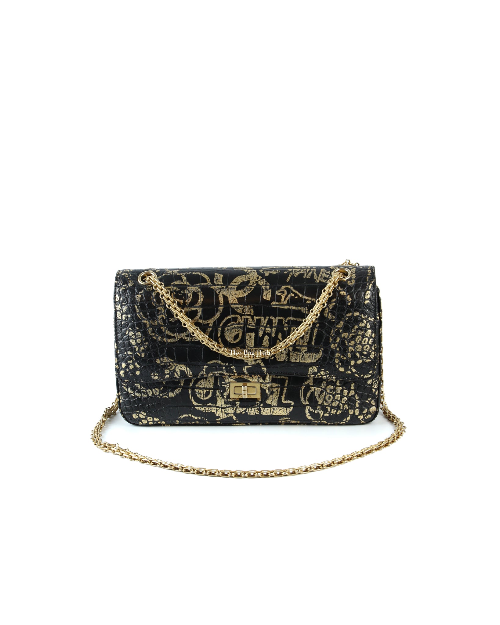 Chanel Black/Gold Graffiti Crocodile Embossed Reissue 2.55 226 Flap Bag-2
