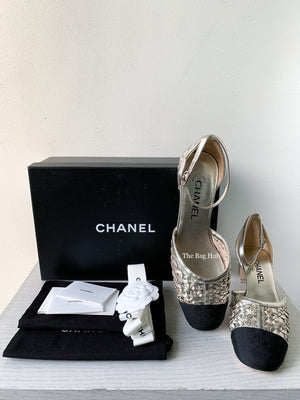 Chanel Light Gold & Balck Braided Laminated Sheepskin Open Shoes Size 38.5-9