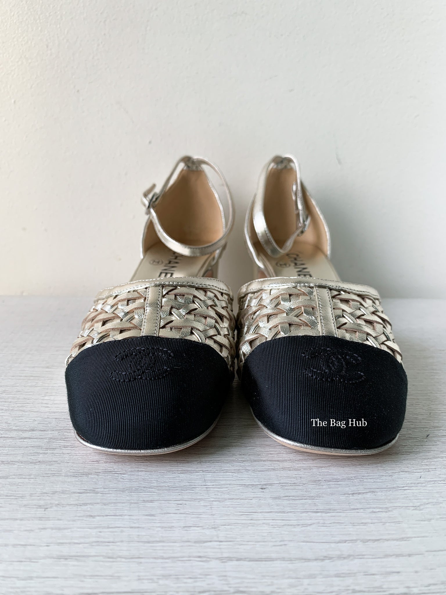 Chanel Light Gold & Balck Braided Laminated Sheepskin Open Shoes Size 38.5-3