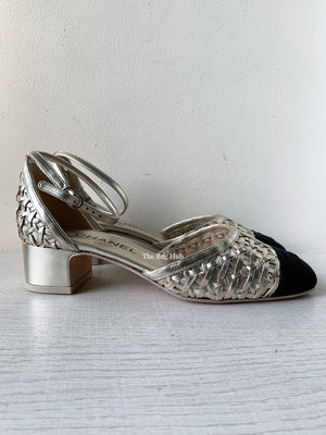 Chanel Light Gold & Balck Braided Laminated Sheepskin Open Shoes Size 38.5-7