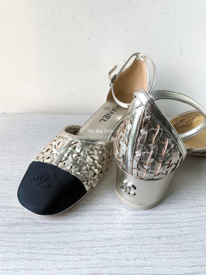 Chanel Light Gold & Balck Braided Laminated Sheepskin Open Shoes Size 38.5-2