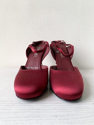 Chanel Burgundy Satin Open Shoes Size 38.5