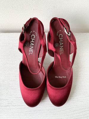 Chanel Burgundy Satin Open Shoes Size 38.5