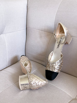 Chanel Light Gold & Balck Braided Laminated Sheepskin Open Shoes Size 38.5-1