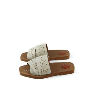 Chloe Deep Ivory Woody Linen Slides 38-6