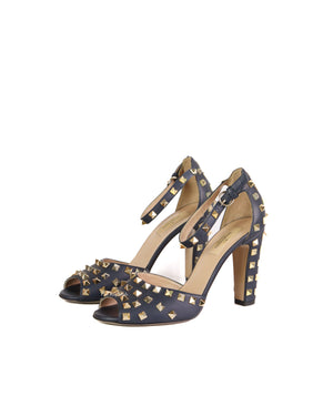 Valentino Marine Rockstud Peep Toe Block Heel Size 39