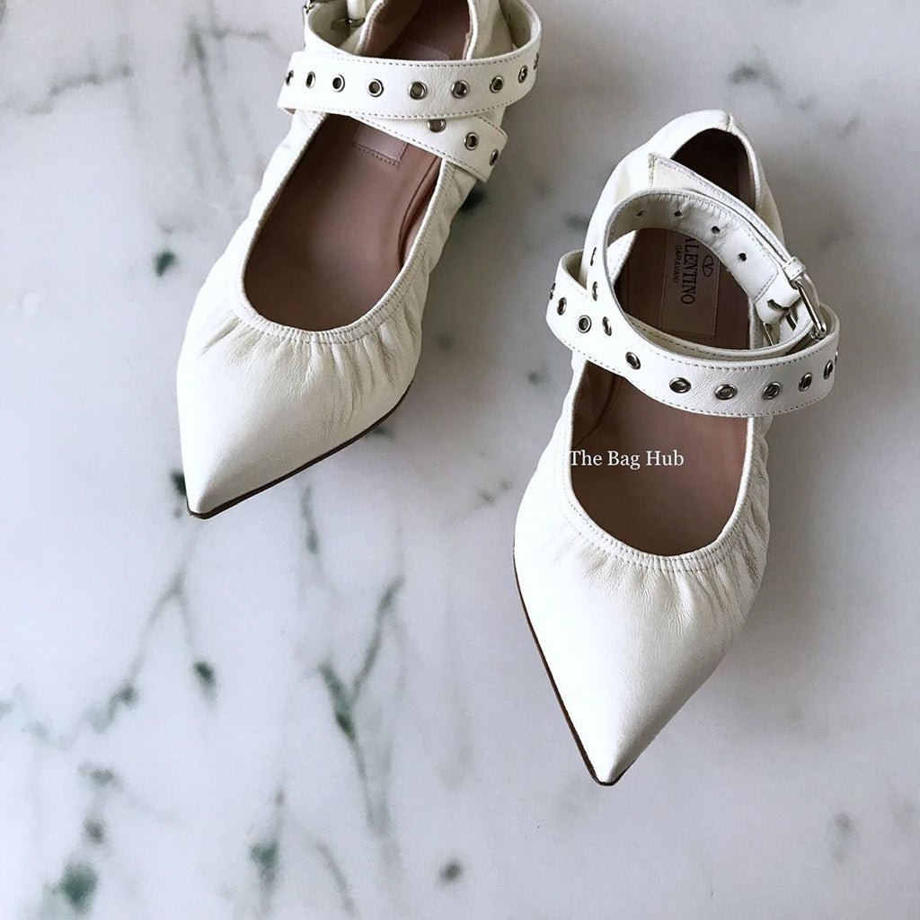 Valentino Garavani Light Ivory Love Latch Grommeted Ankle Wrap Ballet Flats-Image-1